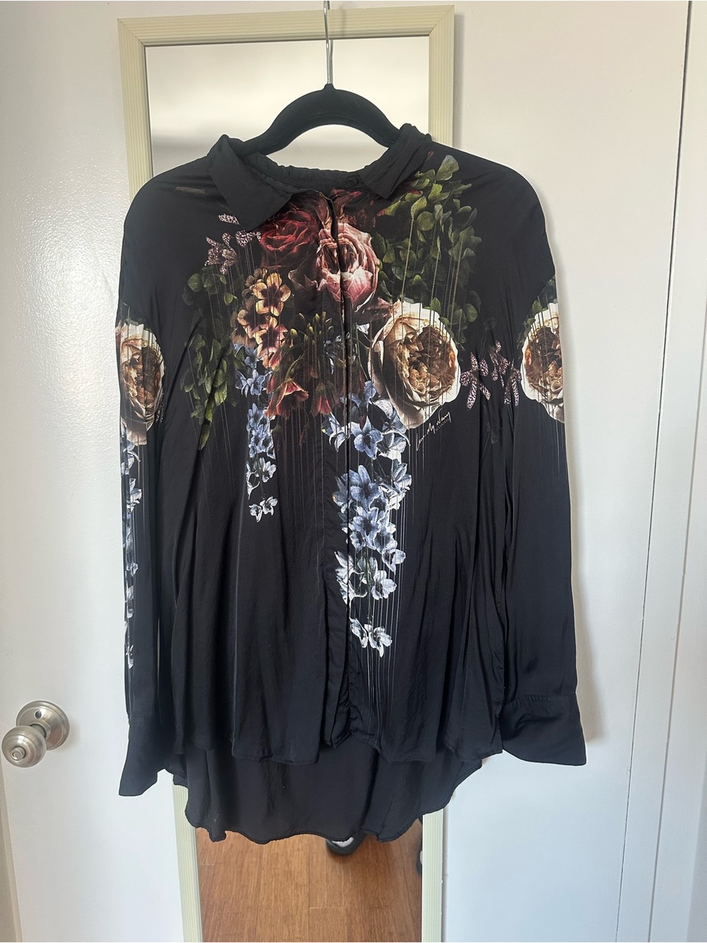 All Saints Black Floral Button-Down Shirt with Collared Neck